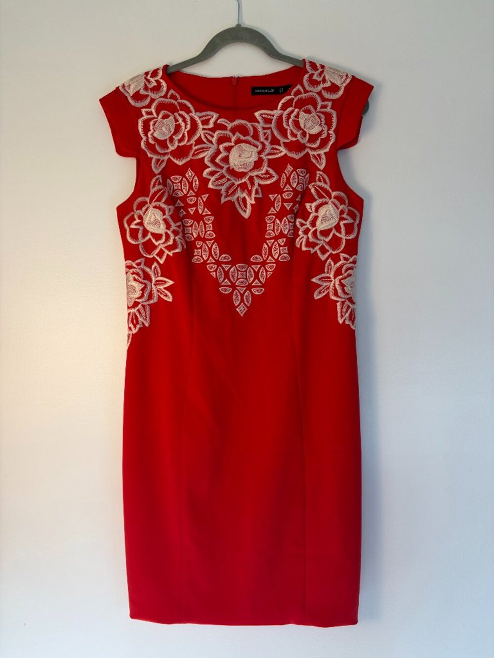 Karen Miller Red Floral Embroidered Cap Sleeve Dress